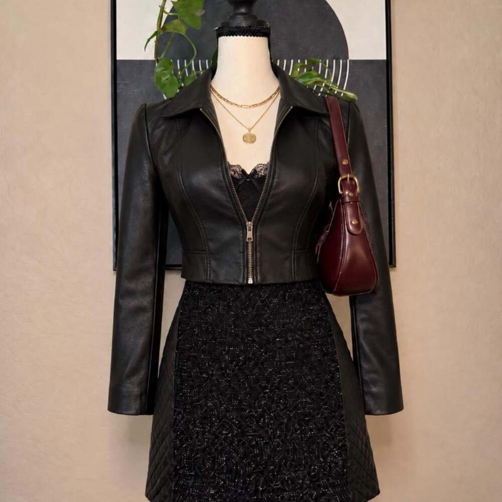 Black Tweed Quilted Faux Leather Mini Skirt Preppy Indie Sleaze